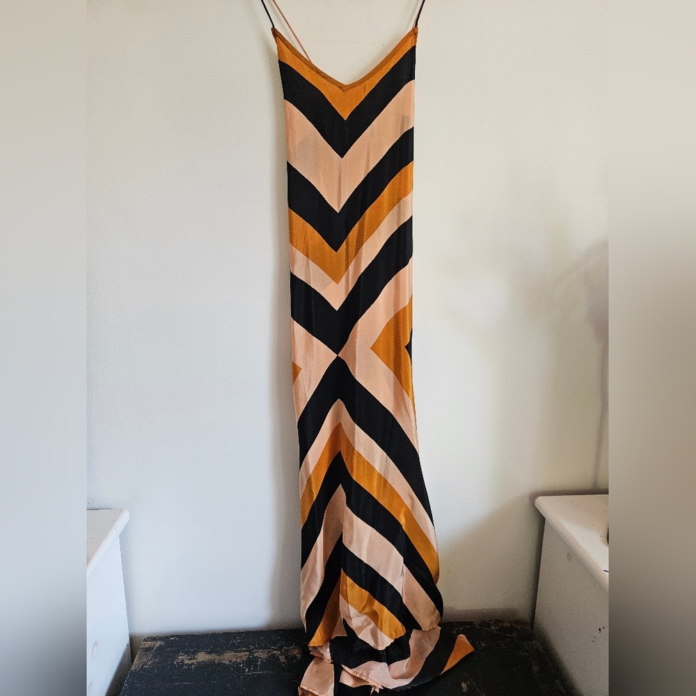 Mango Satin Chevron Maxi Dress - Black, Tan, and Cream